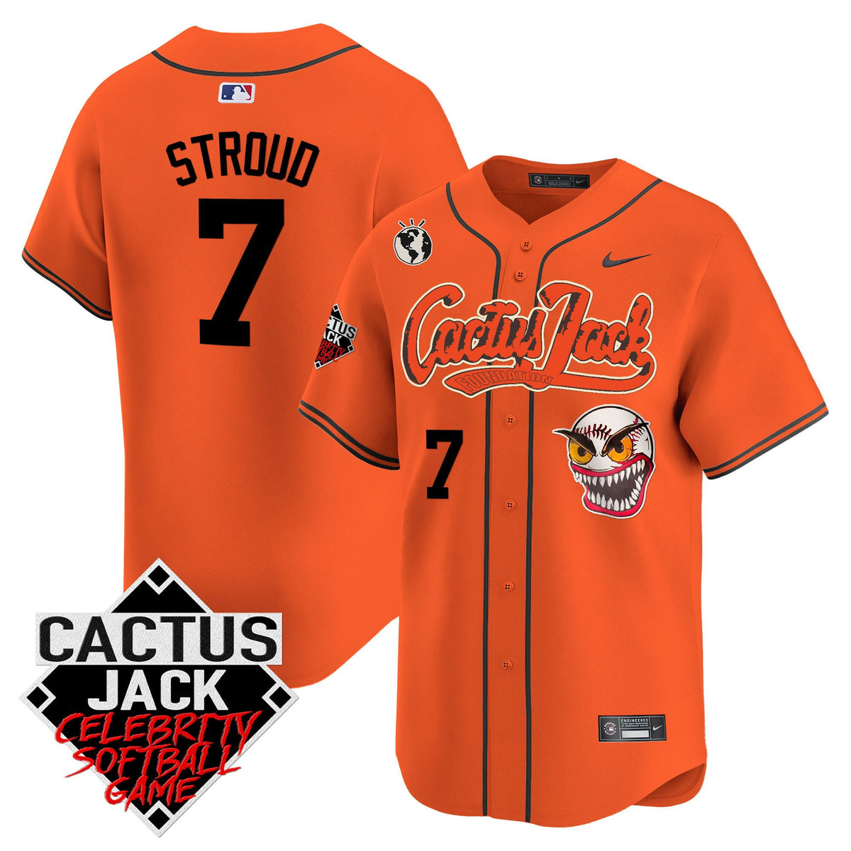 CJ Stroud 7 Houston Astros Cactus Jack Celebrity Softball Game Patch Men Jersey - Orange