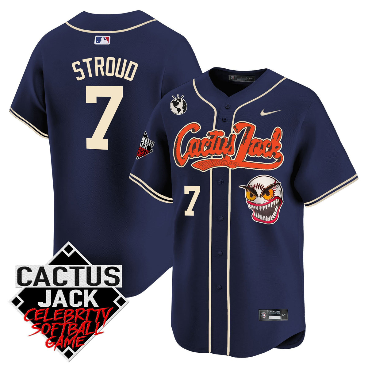 CJ Stroud 7 Houston Astros Cactus Jack Celebrity Softball Game Patch Men Jersey - Navy