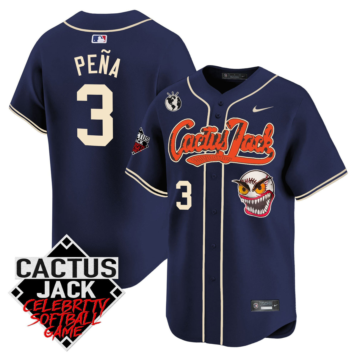 Jeremy Pena 3 Houston Astros Cactus Jack Celebrity Softball Game Patch Men Jersey - Navy