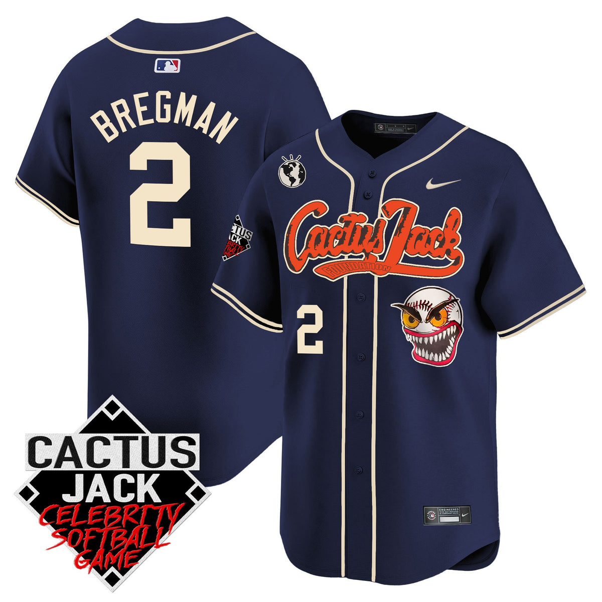 Alex Bregman 2 Houston Astros Cactus Jack Celebrity Softball Game Patch Men Jersey - Navy