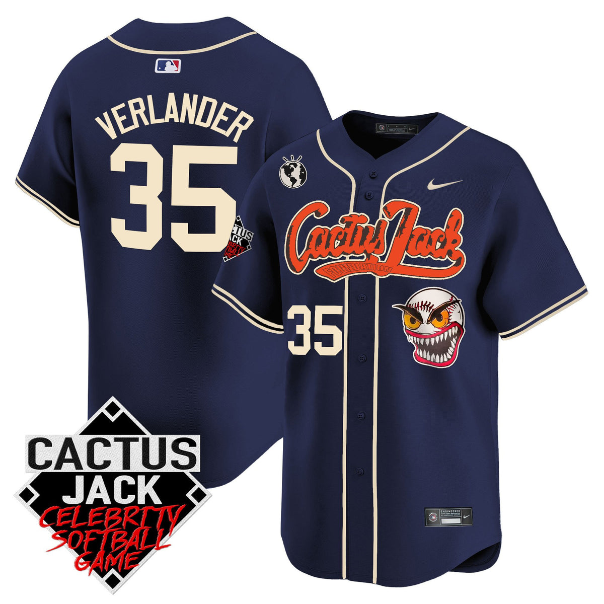 Justin Verlander 35 Houston Astros Cactus Jack Celebrity Softball Game Patch Men Jersey - Navy