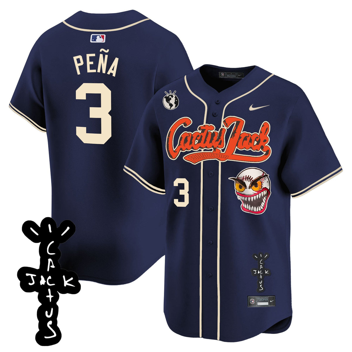 Jeremy Pena 3 Houston Astros Cactus Jack Patch V2 Men Jersey - Navy