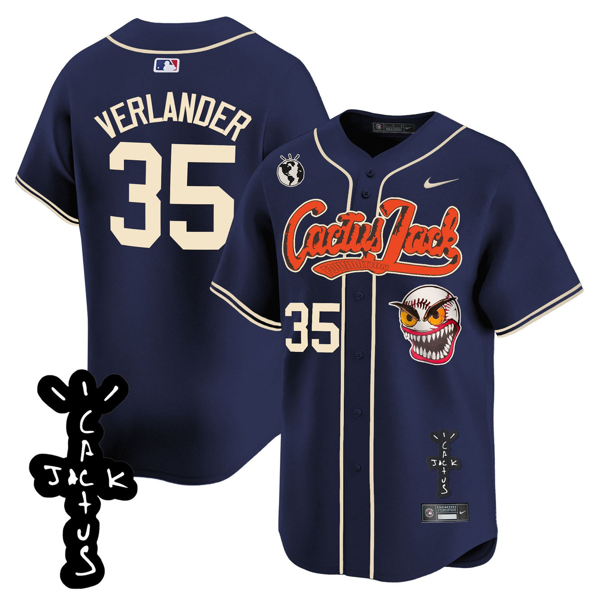 Justin Verlander 35 Houston Astros Cactus Jack Patch V2 Men Jersey - Navy