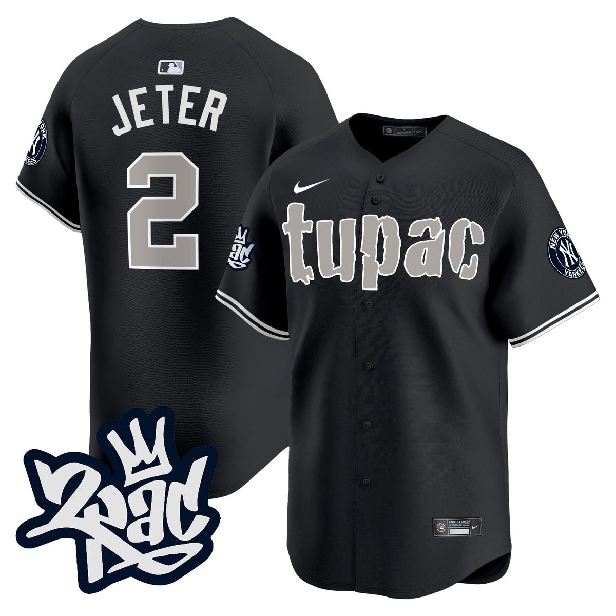 Derek Jeter 2 New York Yankees Tupac Shakur Men Jersey - Black
