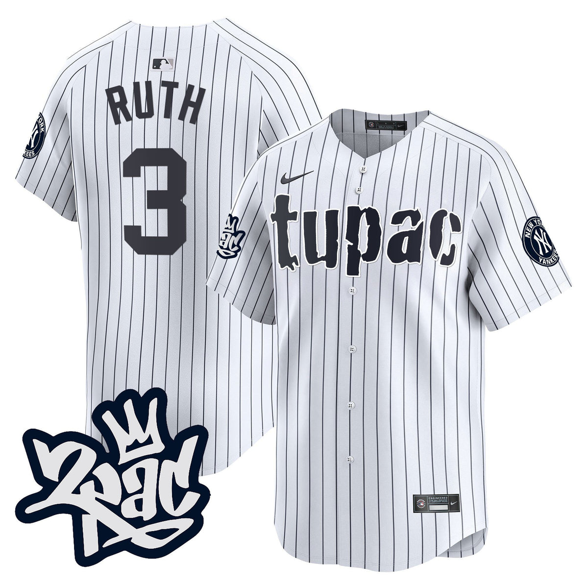 Babe Ruth 3 New York Yankees Tupac Shakur Men Jersey - White