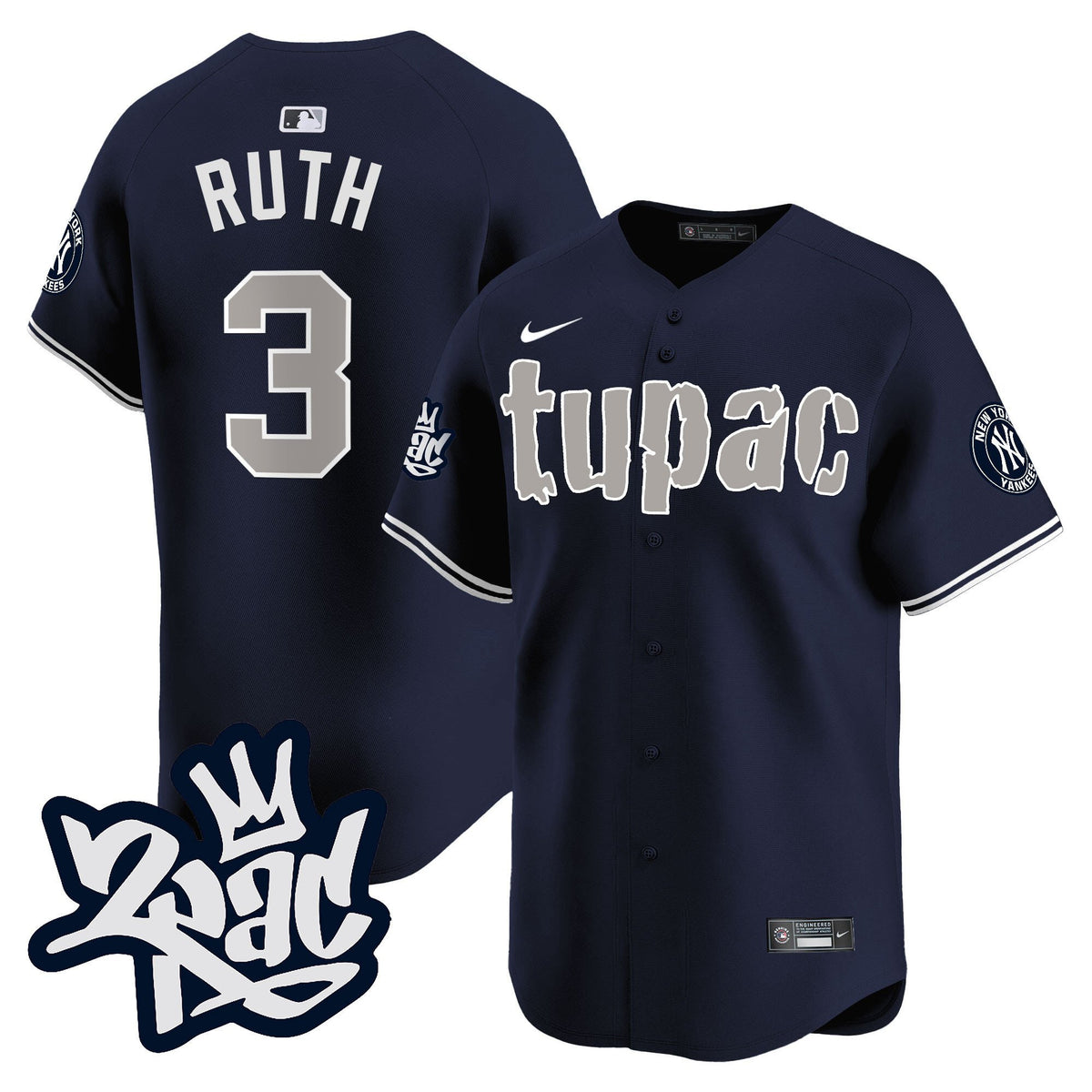 Babe Ruth 3 New York Yankees Tupac Shakur Men Jersey - Navy
