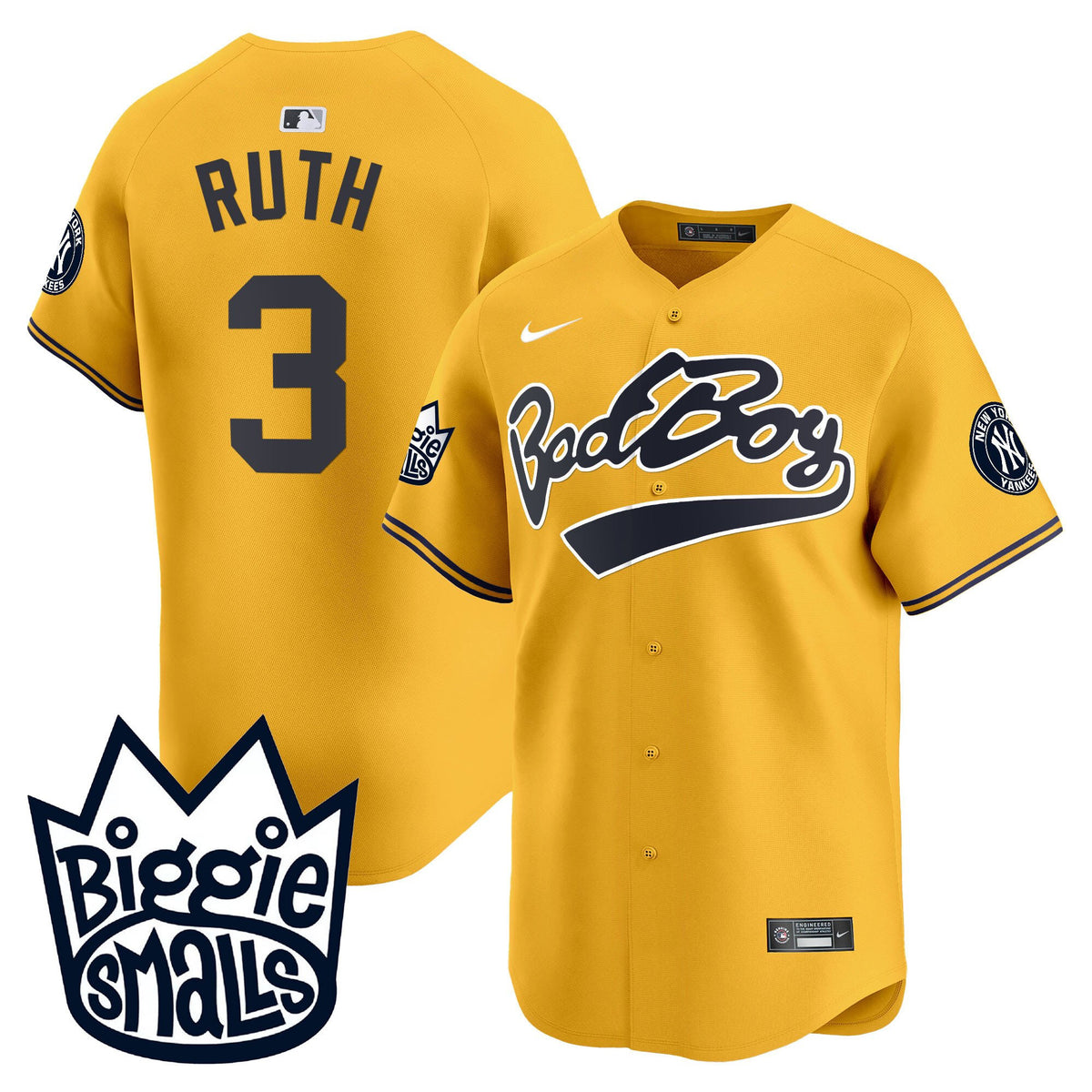 Babe Ruth 3 New York Yankees Biggie Smalls Men Jersey - Gold