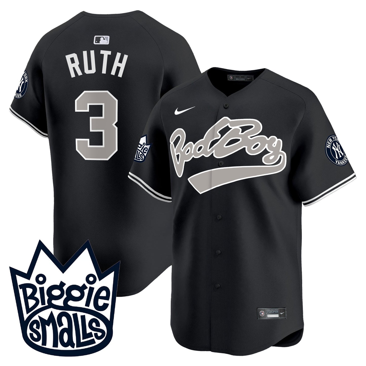 Babe Ruth 3 New York Yankees Biggie Smalls Men Jersey - Black