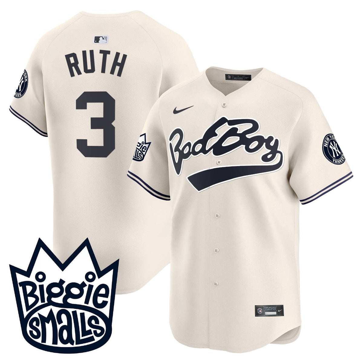 Babe Ruth 3 New York Yankees Biggie Smalls Men Jersey - Cream