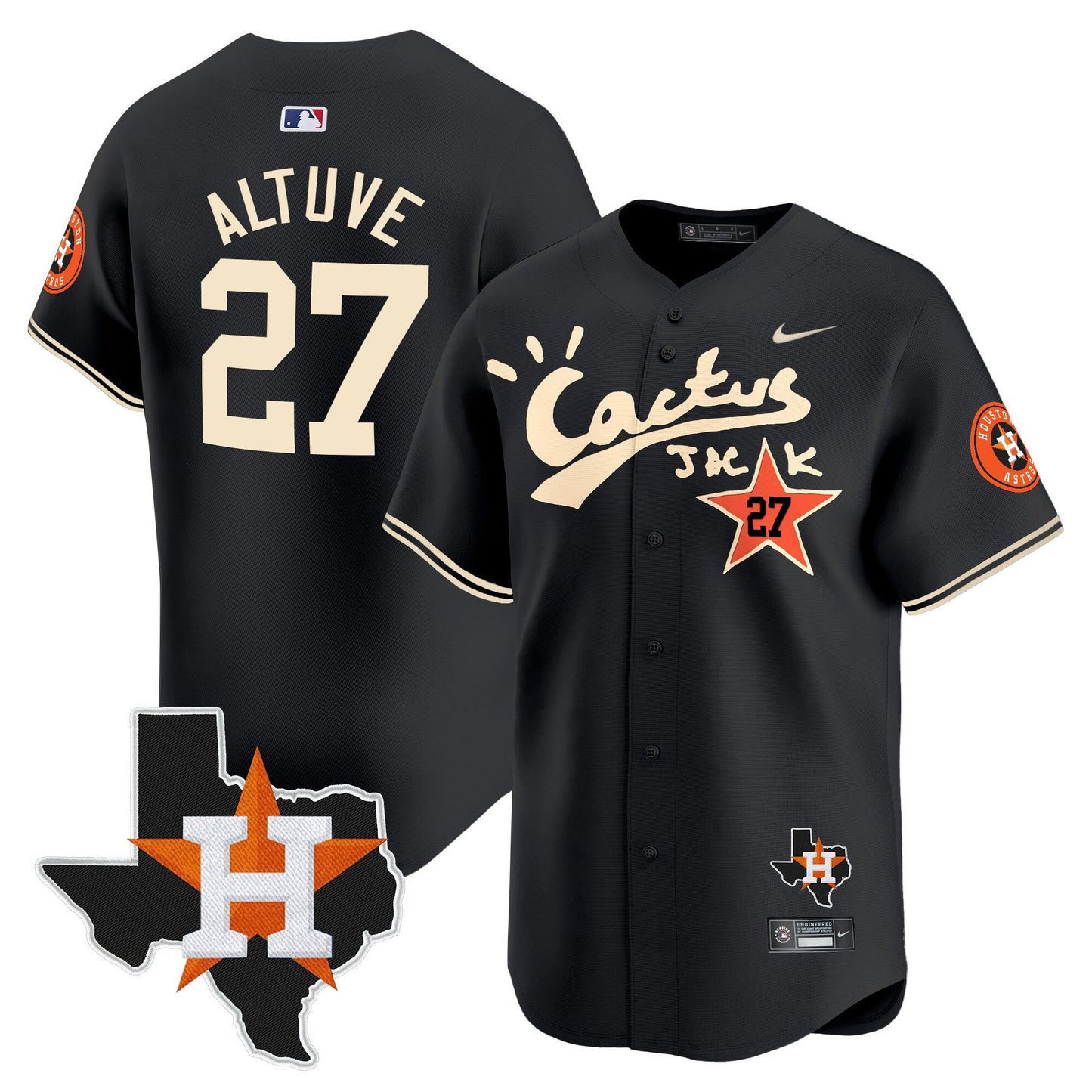 Jose Altuve 27 Houston Astros Cactus Jack Houston Patch Limited Jersey - Men, Black