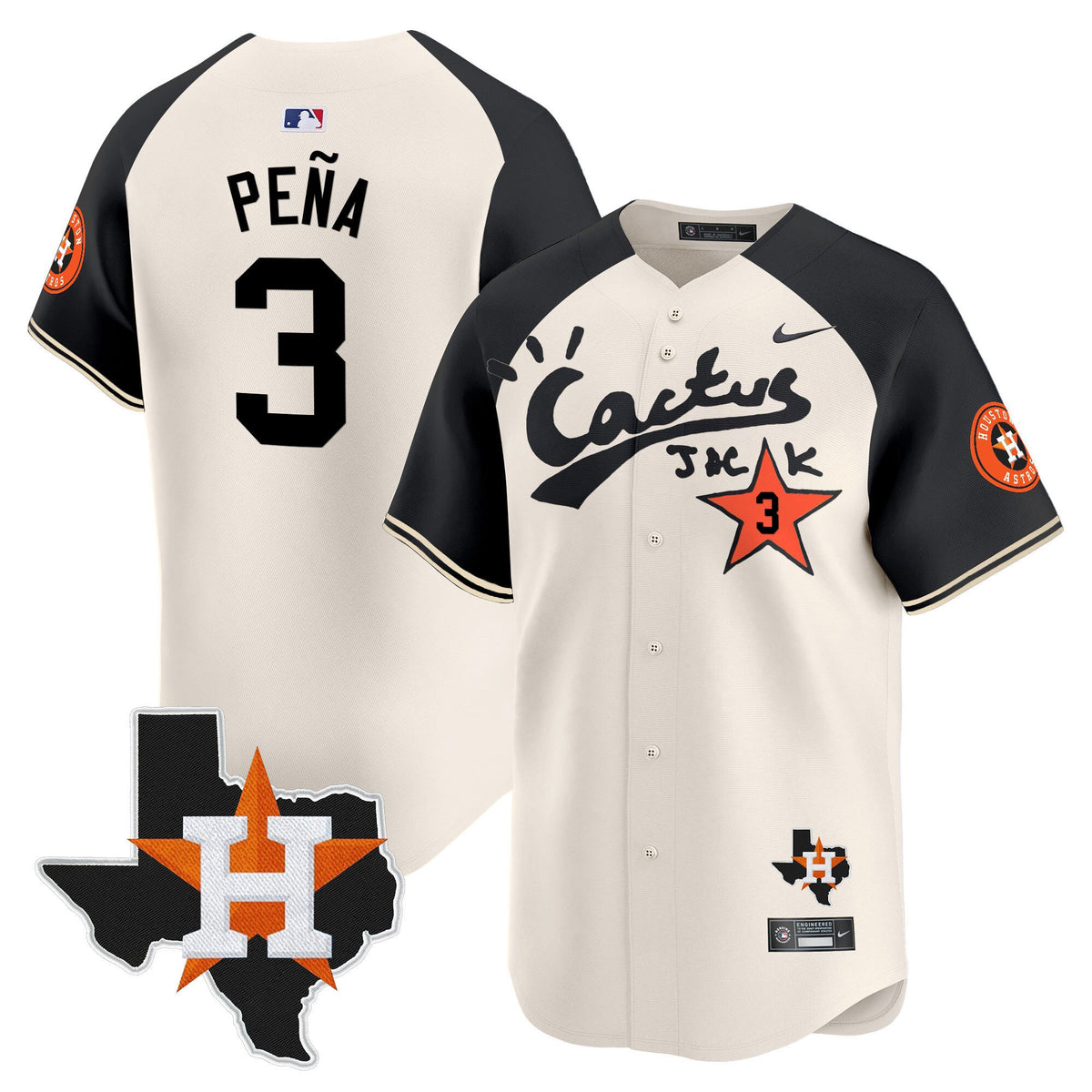 Jeremy Pena 3 Houston Astros Cactus Jack Houston Patch Limited Jersey - Men, Cream Alternate