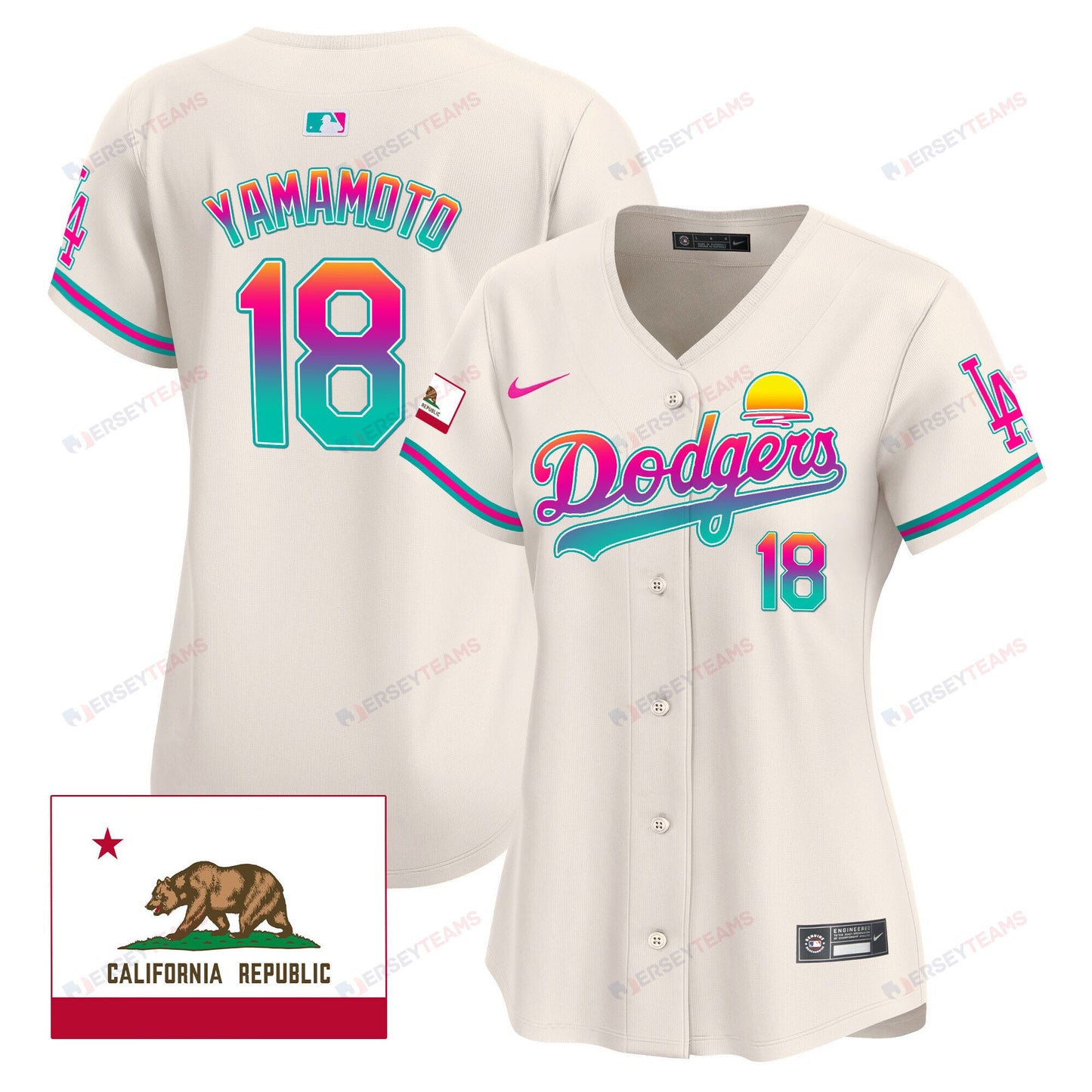 Yoshinobu Yamamoto 18 Los Angeles Dodgers 2024 Los Angeles City Style California Republic Patch Women Jersey - Cream