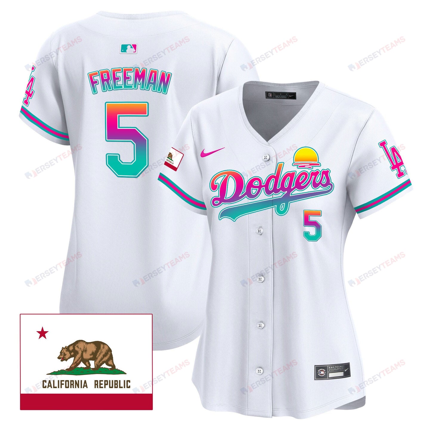 Freddie Freeman 5 Los Angeles Dodgers 2024 Los Angeles City Style California Republic Patch Women Jersey - White