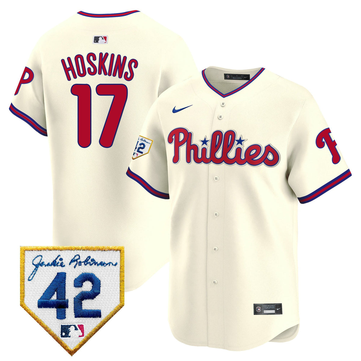 Rhys Hoskins 17 Philadelphia Phillies 2024 Jackie Robinson Patch Men Jersey - Cream
