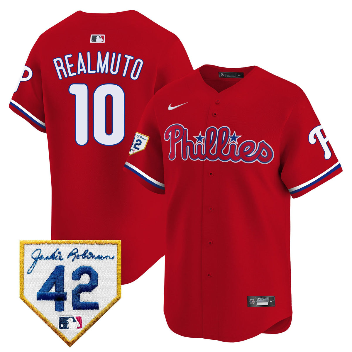 J.T. Realmuto 10 Philadelphia Phillies 2024 Jackie Robinson Patch Men Jersey - Red