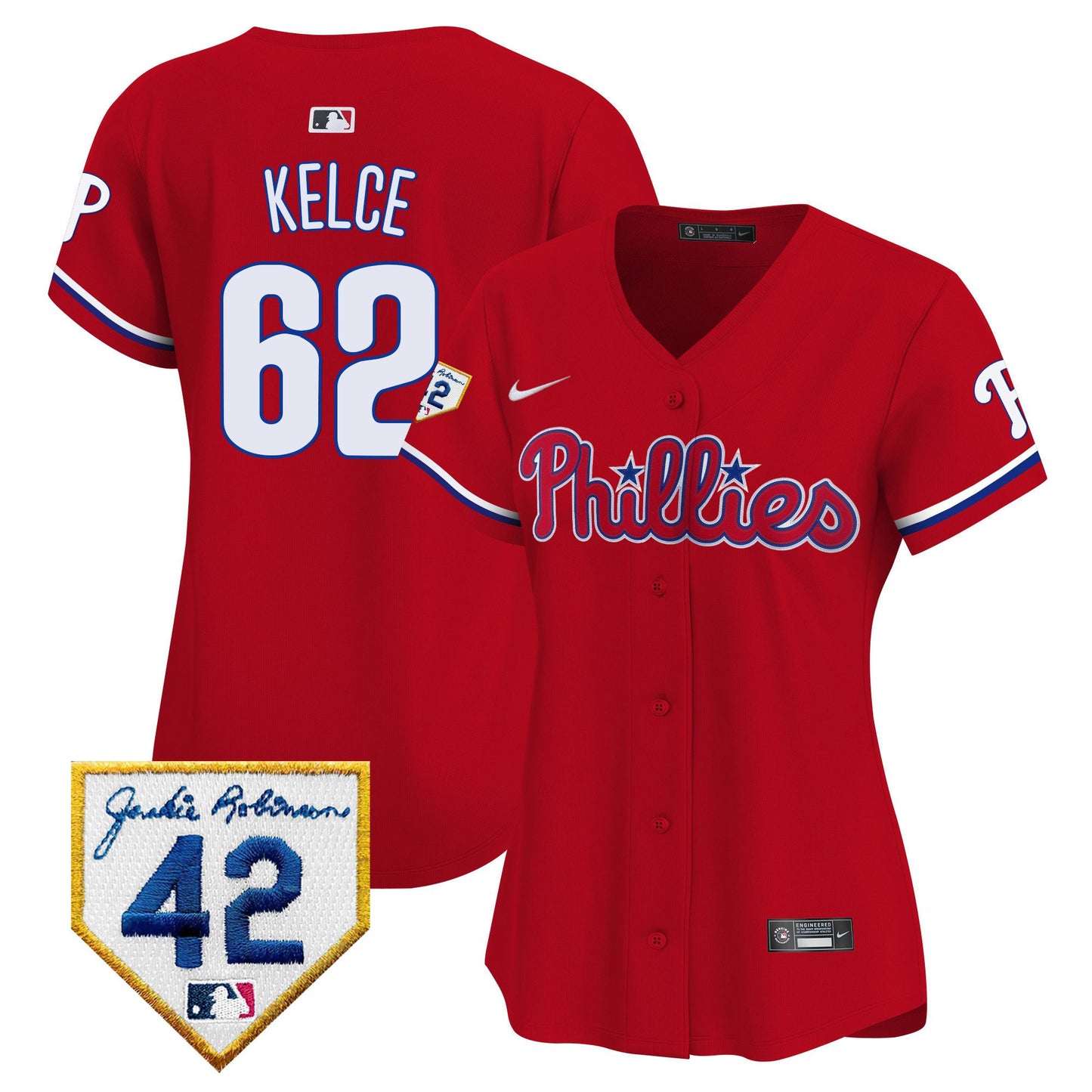 Jason Kelce 62 Philadelphia Phillies 2024 Jackie Robinson Patch Women Jersey - Red