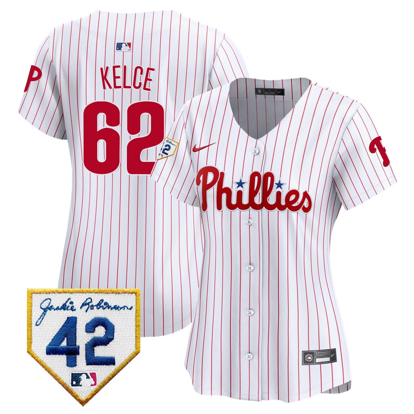 Jason Kelce 62 Philadelphia Phillies 2024 Jackie Robinson Patch Women Jersey - White