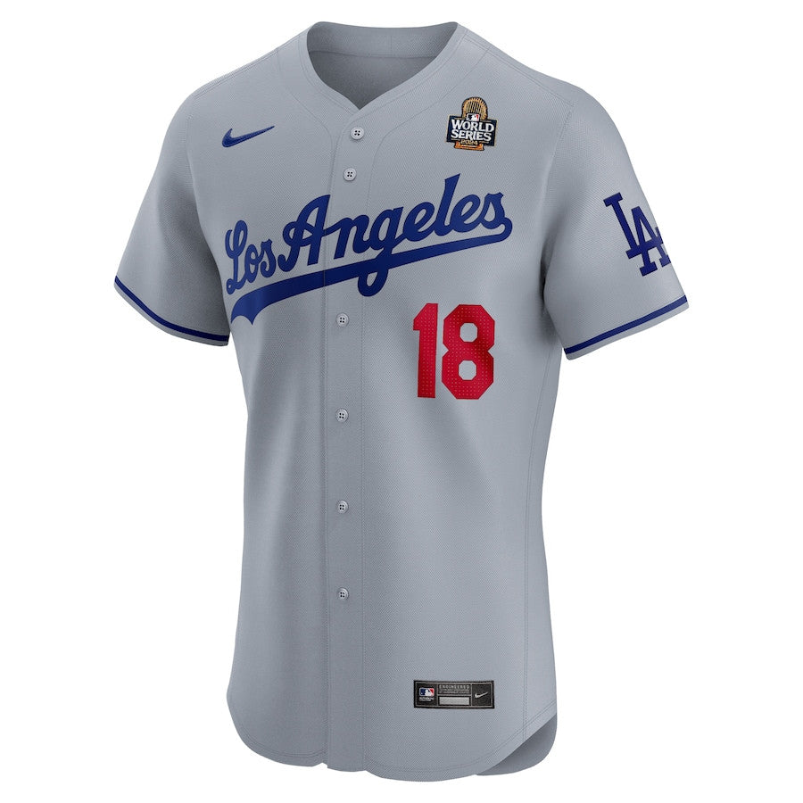 Yoshinobu Yamamoto 18 Los Angeles Dodgers 2024 World Series Road Elite Player Men Jersey - Gray