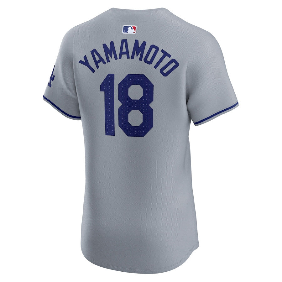 Yoshinobu Yamamoto 18 Los Angeles Dodgers 2024 World Series Road Elite Player Men Jersey - Gray