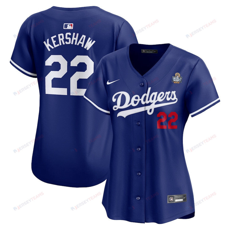 Clayton Kershaw 22 Los Angeles Dodgers Women's 2024 World Series Alternate Limited Jersey - Royal