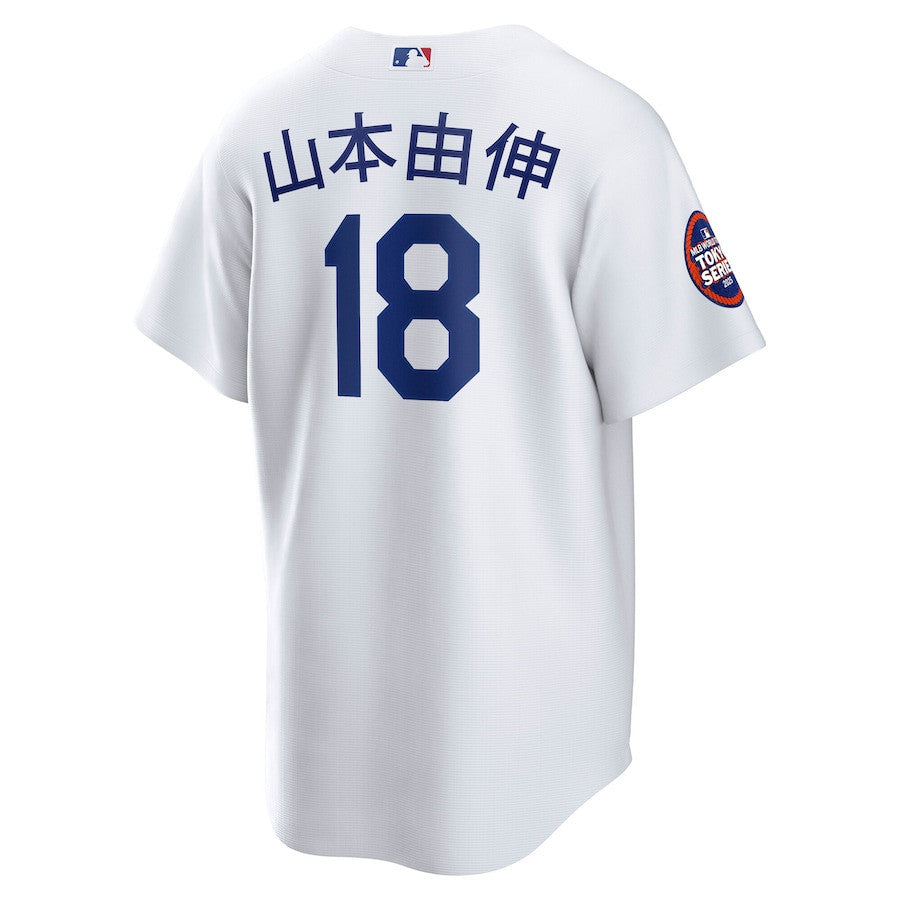Yoshinobu Yamamoto 18 Los Angeles Dodgers 2025 MLB World Tour: Tokyo Series Home Kanji Player Men Jersey - White