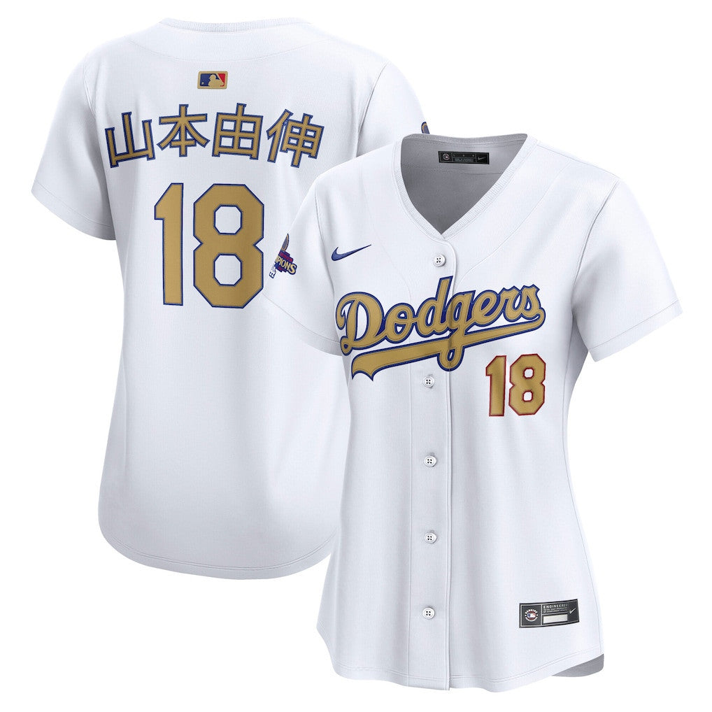 Yoshinobu Yamamoto 18 Los Angeles Dodgers Women's 2025 Gold Collection Kanji Limited Jersey - White