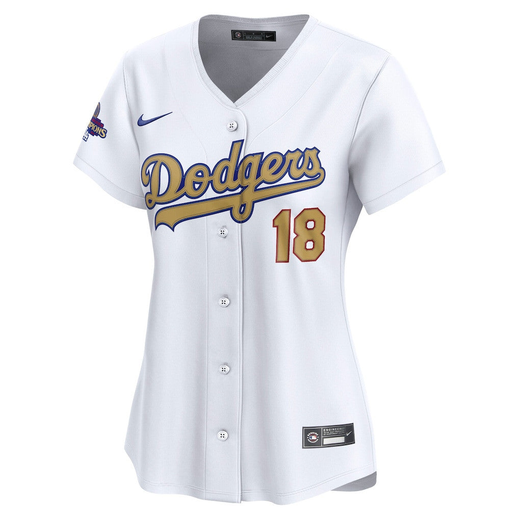 Yoshinobu Yamamoto 18 Los Angeles Dodgers Women's 2025 Gold Collection Kanji Limited Jersey - White