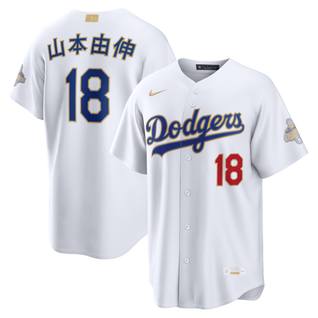 Yoshinobu Yamamoto 18 Los Angeles Dodgers 2026 Gold Collection Kanji Stadium Men Jersey - White