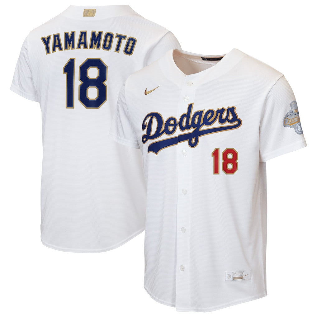 Yoshinobu Yamamoto 18 Los Angeles Dodgers 2026 Gold Collection Home YOUTH Jersey - White