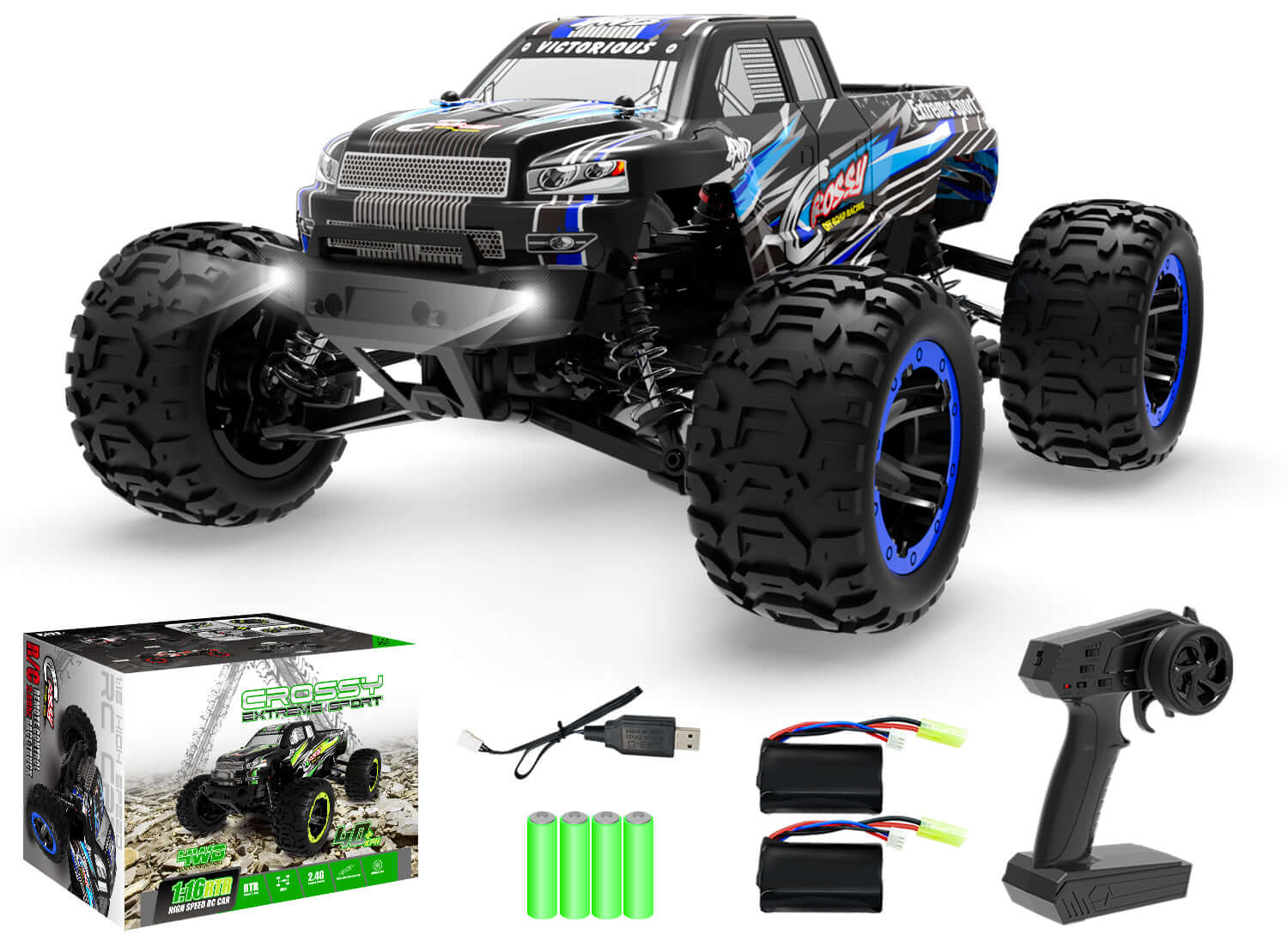 Racent Crossy 1/16 Scale 4x4 RC Monster Truck - 30mph Fast, High Speed, Off Road