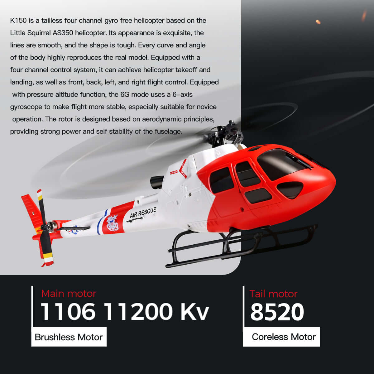 WLtoys K150 Brushless RC Helicopter - AS350 Squirrel Scale 4CH 6-Axis Gyro
