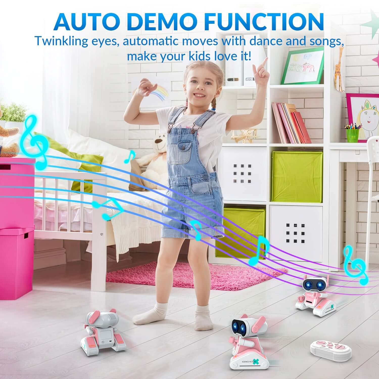 STEMTRON RC Robot Toy - Rechargeable, Auto Demo, Dance, Music, LED Eyes, 3 Colors