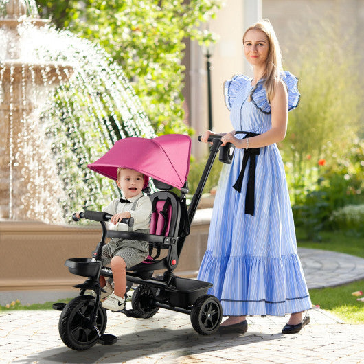 4-in-1 Reversible Toddler Tricycle with Height Adjustable Push Handle-Pink
