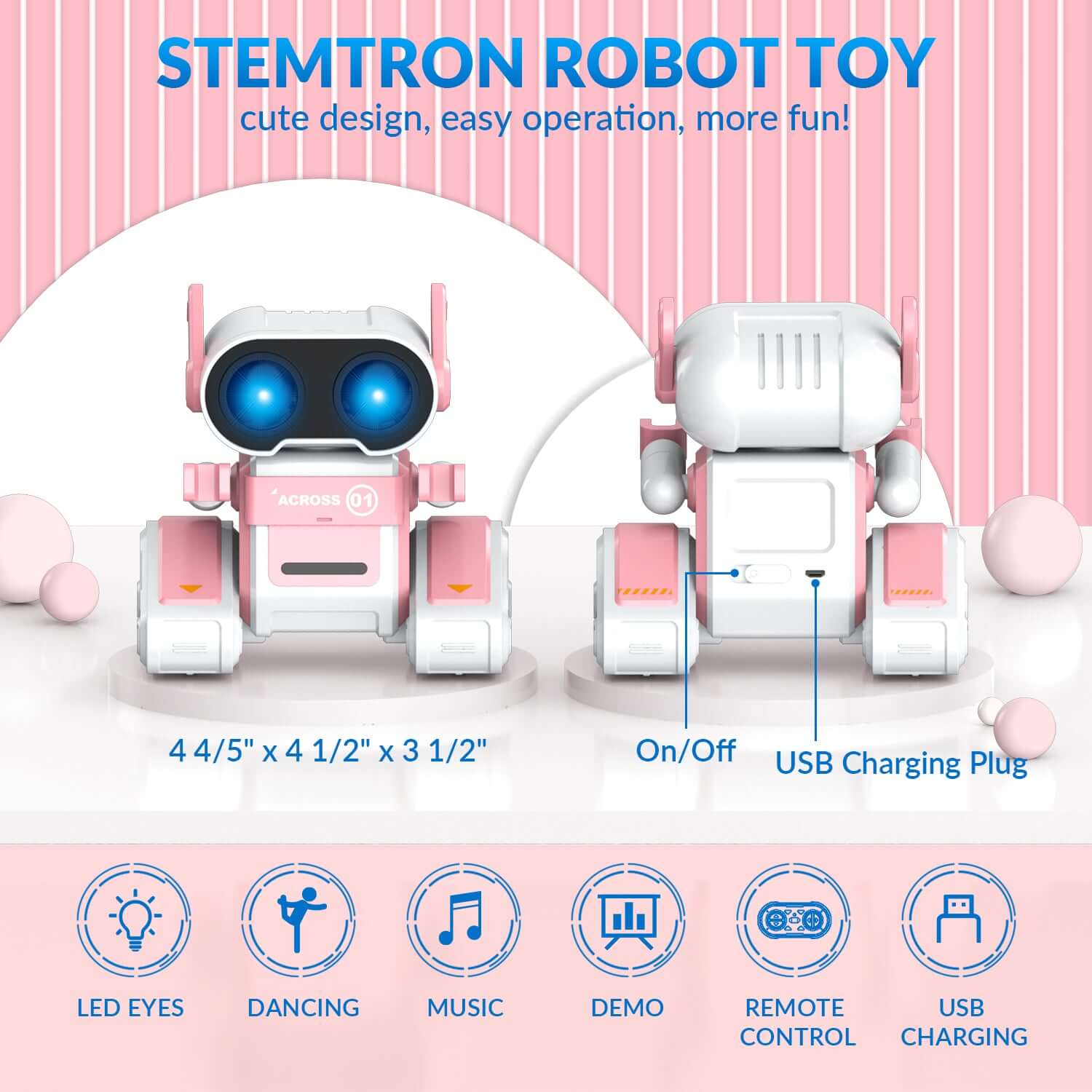 STEMTRON RC Robot Toy - Rechargeable, Auto Demo, Dance, Music, LED Eyes, 3 Colors