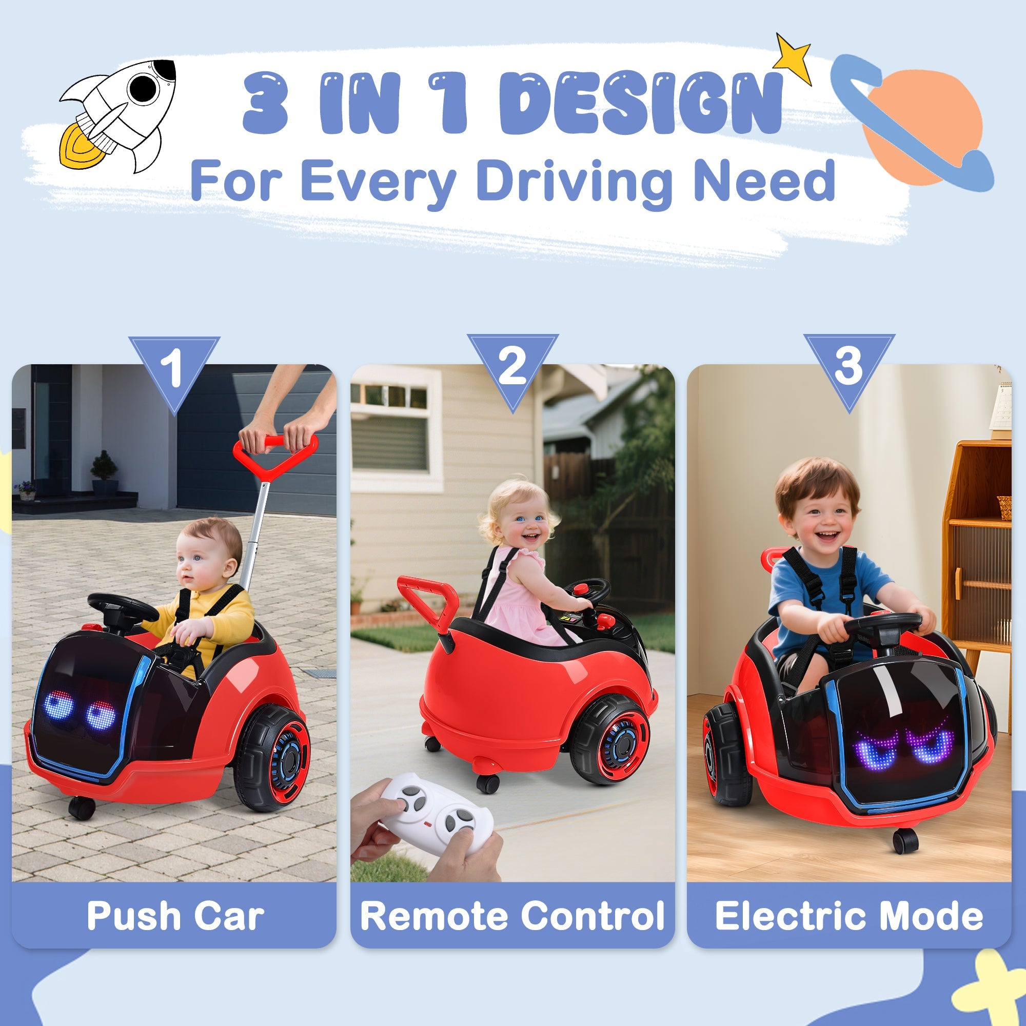 12V 3-in-1 Push Ride On with LED Display