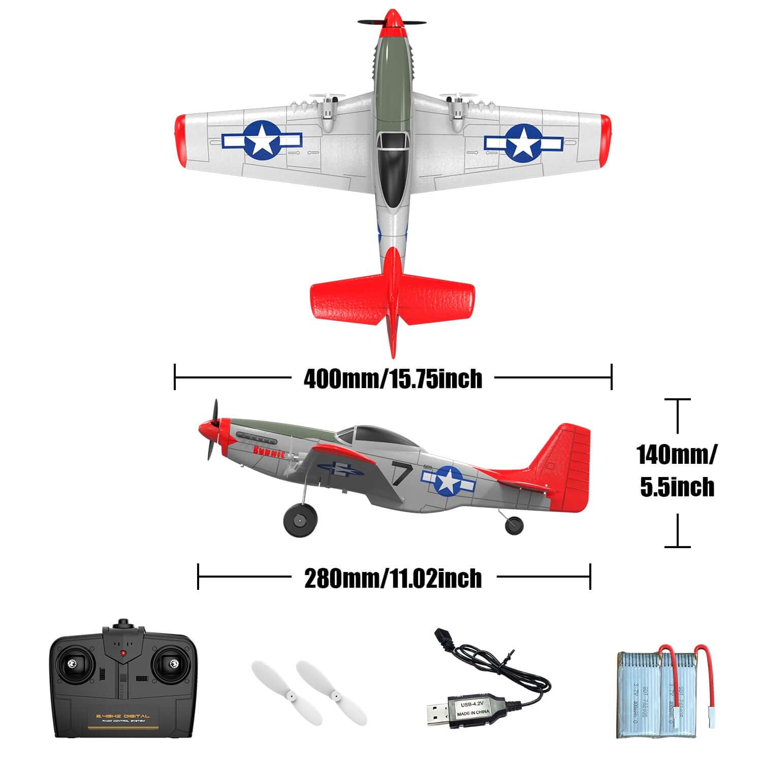 Mustang P51D 2CH Beginner RC Airplane with Gyro Stabilizer for Kids