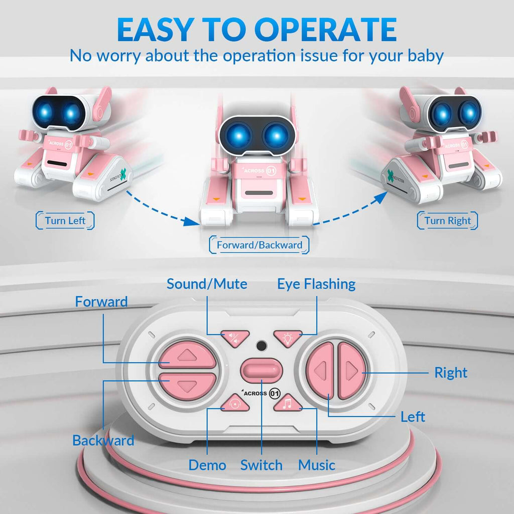 STEMTRON RC Robot Toy - Rechargeable, Auto Demo, Dance, Music, LED Eyes, 3 Colors