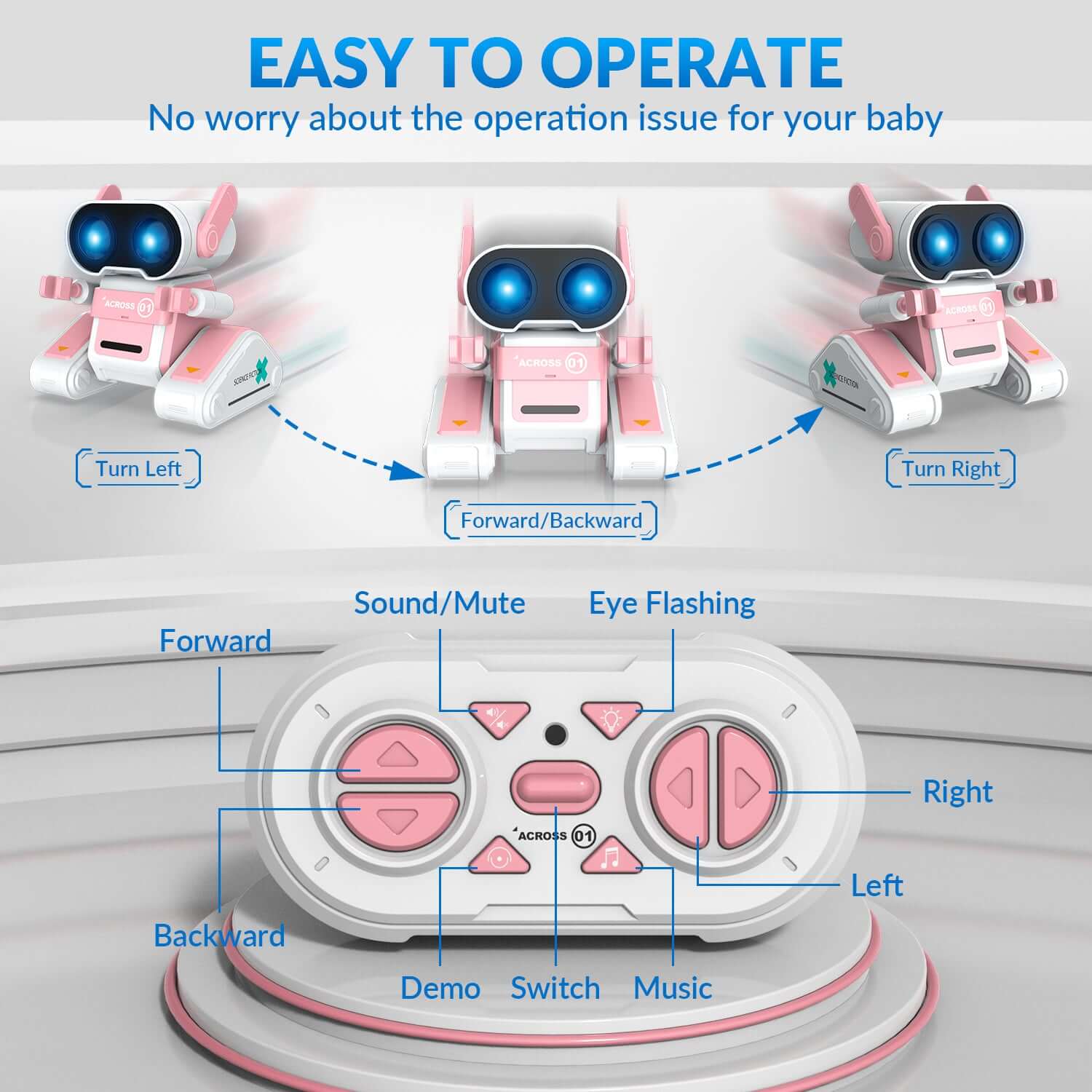 STEMTRON RC Robot Toy - Rechargeable, Auto Demo, Dance, Music, LED Eyes, 3 Colors