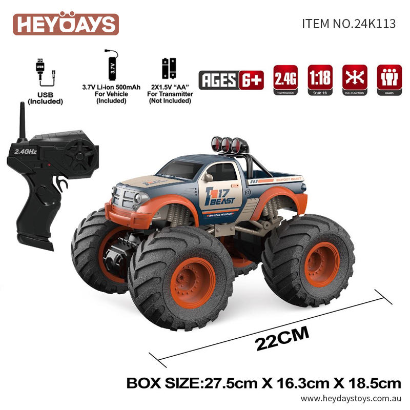 1:18 Scale Monster Truck 4WD All-Terrain Remote Control Car (Set K113_Dark Orange)