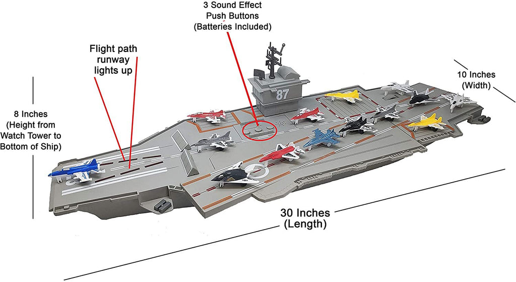 Toy Essentials 30 Inch Aircraft Carrier Playset with Sound Effects, Light Up Runway & 14 Fighter Jets - Multicolor Plastic Model 305549-9Jets