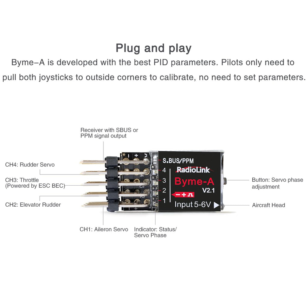 Radiolink Byme-A V2.1 RC Flight Controller - 6 Flight Modes, 4 Channels, Gyro Stabilizer for Stunt & Fixed-Wing Aircraft, Black