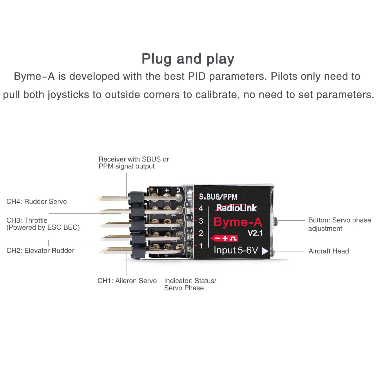 Radiolink Byme-A V2.1 RC Flight Controller - 6 Flight Modes, 4 Channels, Gyro Stabilizer for Stunt & Fixed-Wing Aircraft, Black