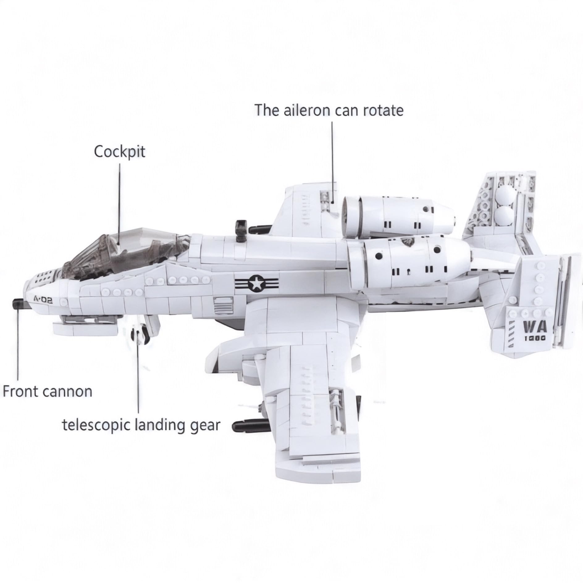 General Jim's A-10 Warthog Building Blocks Set, 931 Pieces, Large, Multi, Plastic, Cold War Attack Aircraft Model with Cockpit & Landing Gear