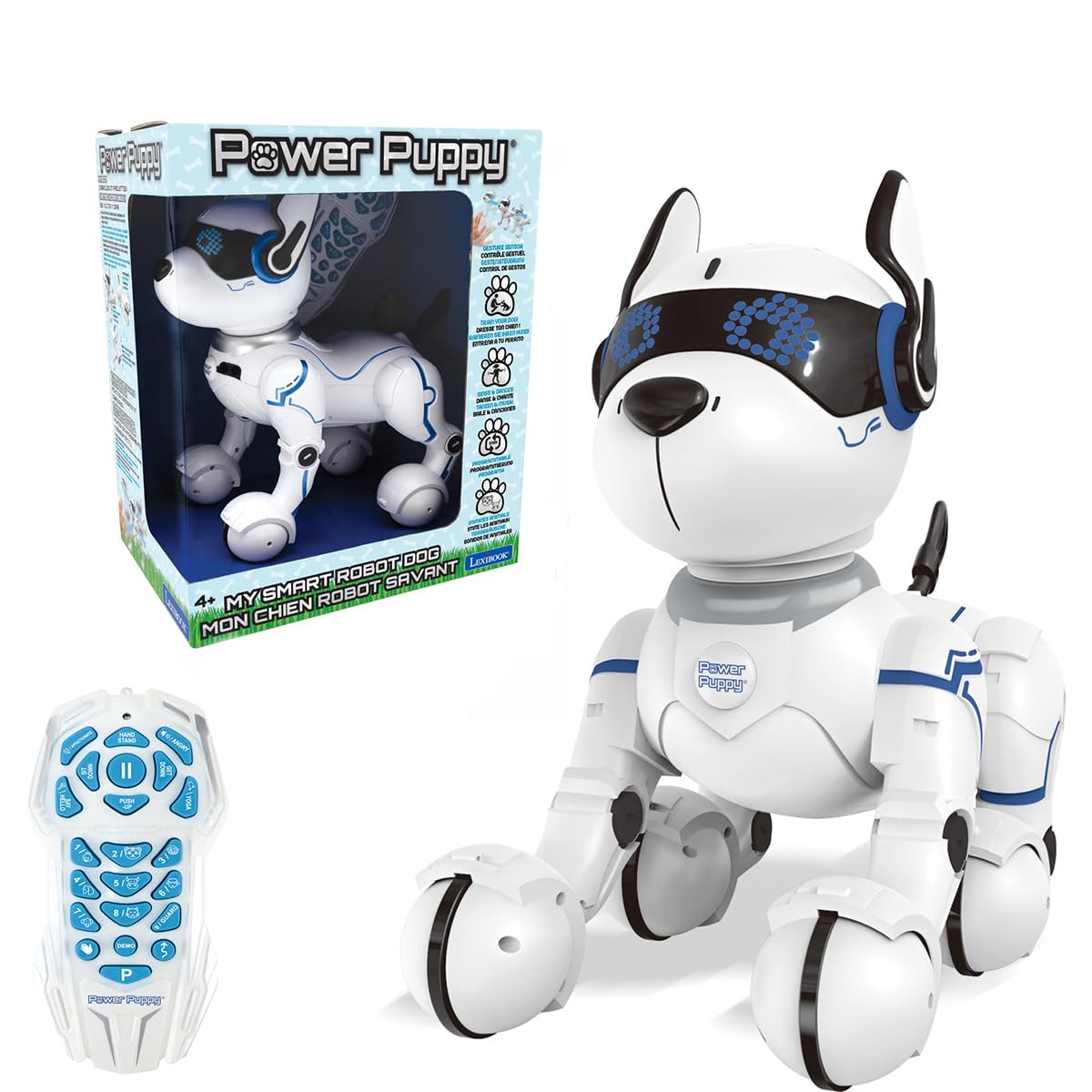 LEXiBOOK Power Puppy Robot Dog - Programmable Remote Control, Large White, Model DOG01, with Training, Dance, Music & Light Effects
