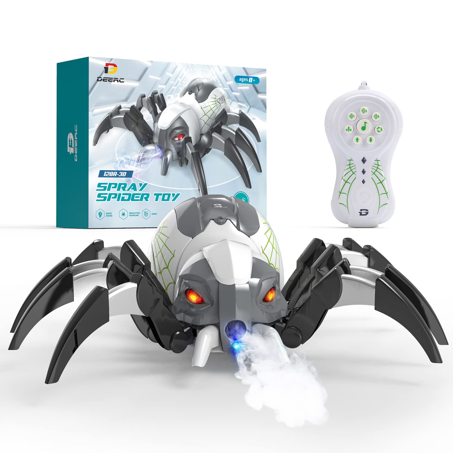 DEERC 128A Remote Control Spider Robot Toy - White, LED Light & Music, Perfect for Kids Halloween Gifts & Pranks