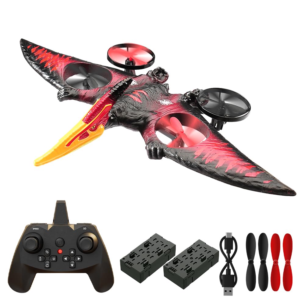 Jaming Pterodactyl Drone - Remote Controlled Foam Aircraft, 12.2"x7.7"x2.4", Red-2 Battery, Model 0713 for Kids & Adults