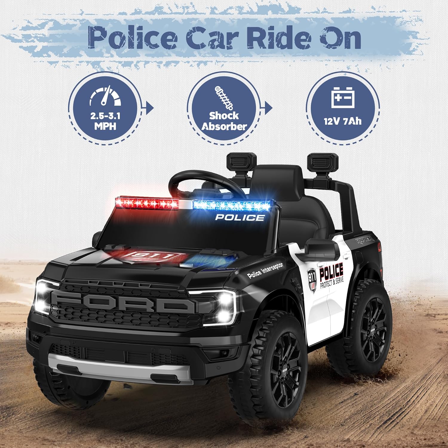 12V Official Licensed Ford Raptor Police Interceptor Ride-On Truck