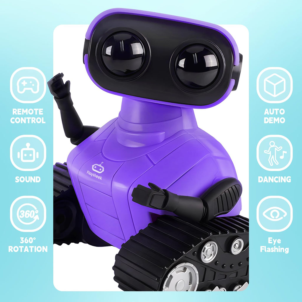Playsheek Remote Control Robot Toy - Rechargeable Emo Robot for Kids Age 3+ - Purple, Made of Acrylonitrile Butadiene Styrene