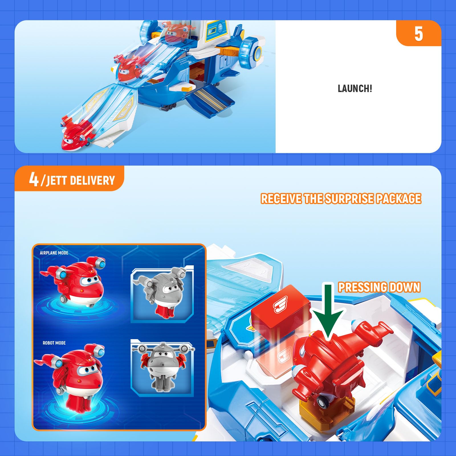 Super Wings Large World Aircraft Playset - 2" Supercharge Jett, Air Moving Base, Blue, Model FR740831A, Plastic - Ideal Gift for Kids 3-5 Years