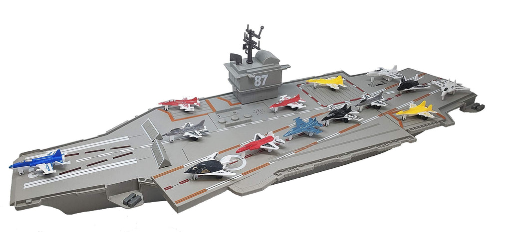 Toy Essentials 30 Inch Aircraft Carrier Playset with Sound Effects, Light Up Runway & 14 Fighter Jets - Multicolor Plastic Model 305549-9Jets